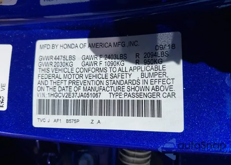 2018 Honda Accord Sport 2.0T z USA, uszkodzony, nr VIN 1HGCV2E37JA051067